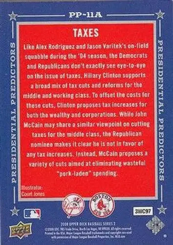 Upper Deck Presidential Predictors baseball card featuring Hillary Clinton and John McCain on taxes