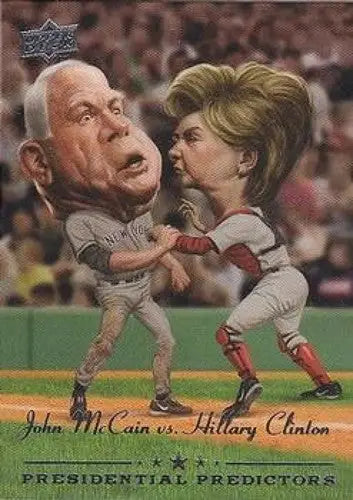 Caricature baseball trading card featuring John McCain and Hillary Clinton from Upper Deck Presidential Predictors
