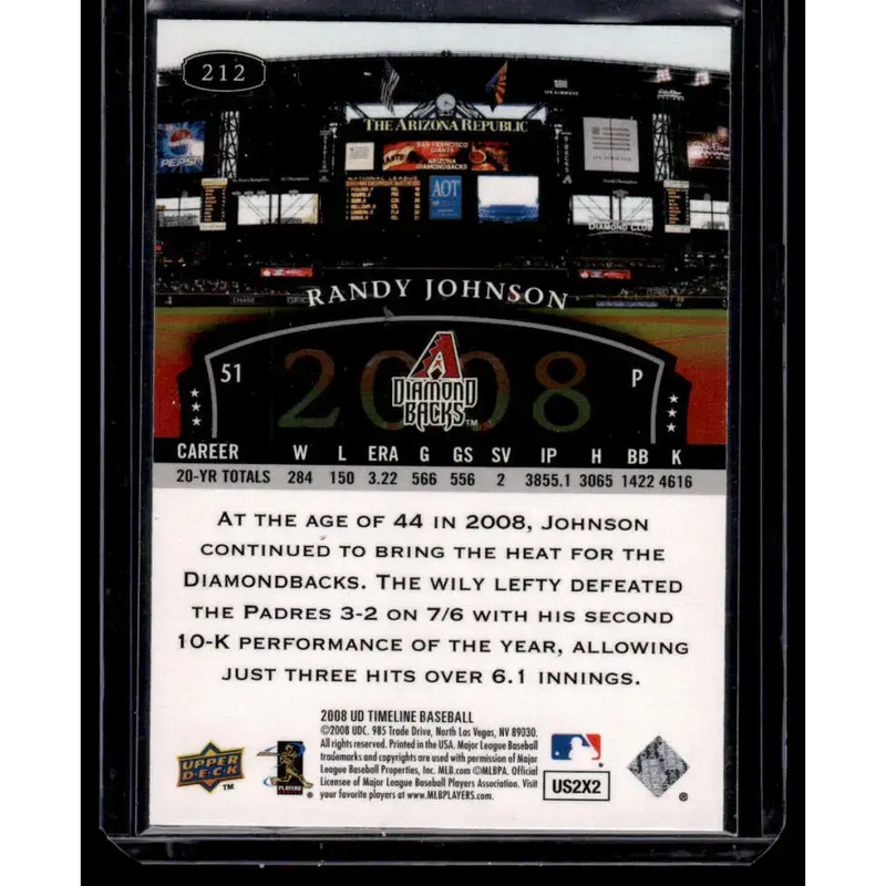 2008 Upper Deck Timeline #212 Randy Johnson EX/NM Arizona Diamondbacks Baseball Card - Baseball Card Single