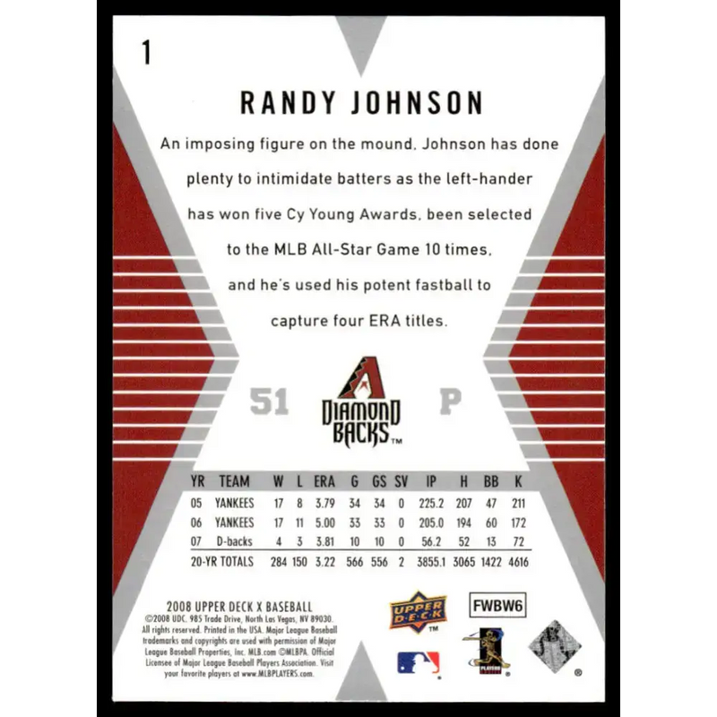 2008 Upper Deck X #1 Randy Johnson EX/NM Arizona Diamondbacks Baseball Card - Baseball Card Single