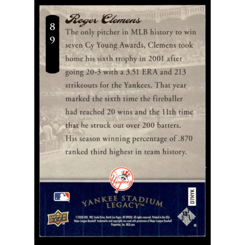 2008 Upper Deck Yankee Stadium Final Season Box Set #89 Roger Clemens Yankees Baseball Card Image 2