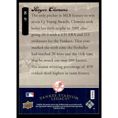 2008 Upper Deck Yankee Stadium Final Season Box Set #89 Roger Clemens Yankees Baseball Card Image 2
