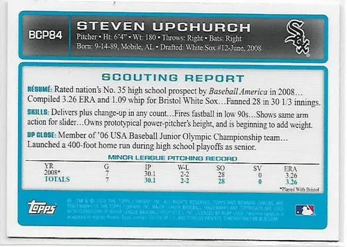 Baseball card back showing original gloss for 2009 Bowman Chrome Prospects Steven Upchurch NM-MT White Sox