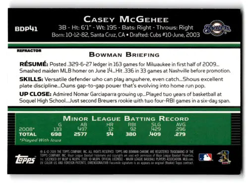 2009 Bowman Draft Chrome Refractors Purple #BDP41 Casey McGehee EX/NM B ID:72616 - Baseball Card Single