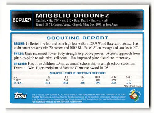 Original gloss of Magglio Ordonez draft chrome WBC prospects trading card with scouting report