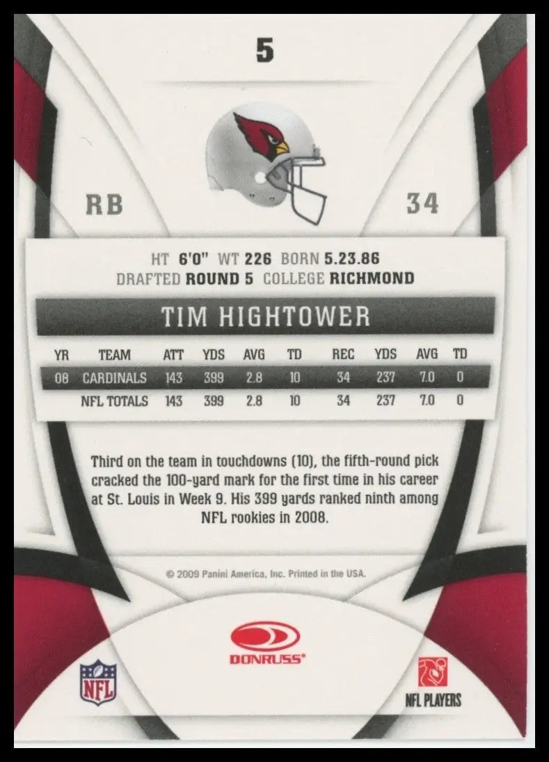 2009 Certified Tim Hightower #5 Arizona Cardinals Football Card NFL Sports - Football Card Single