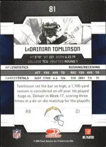 Back of a LaDainian Tomlinson Donruss Elite football card with career stats and bio