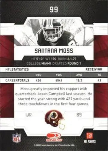 Original gloss Donruss Elite Santana Moss football card from 2009 Redskins collection