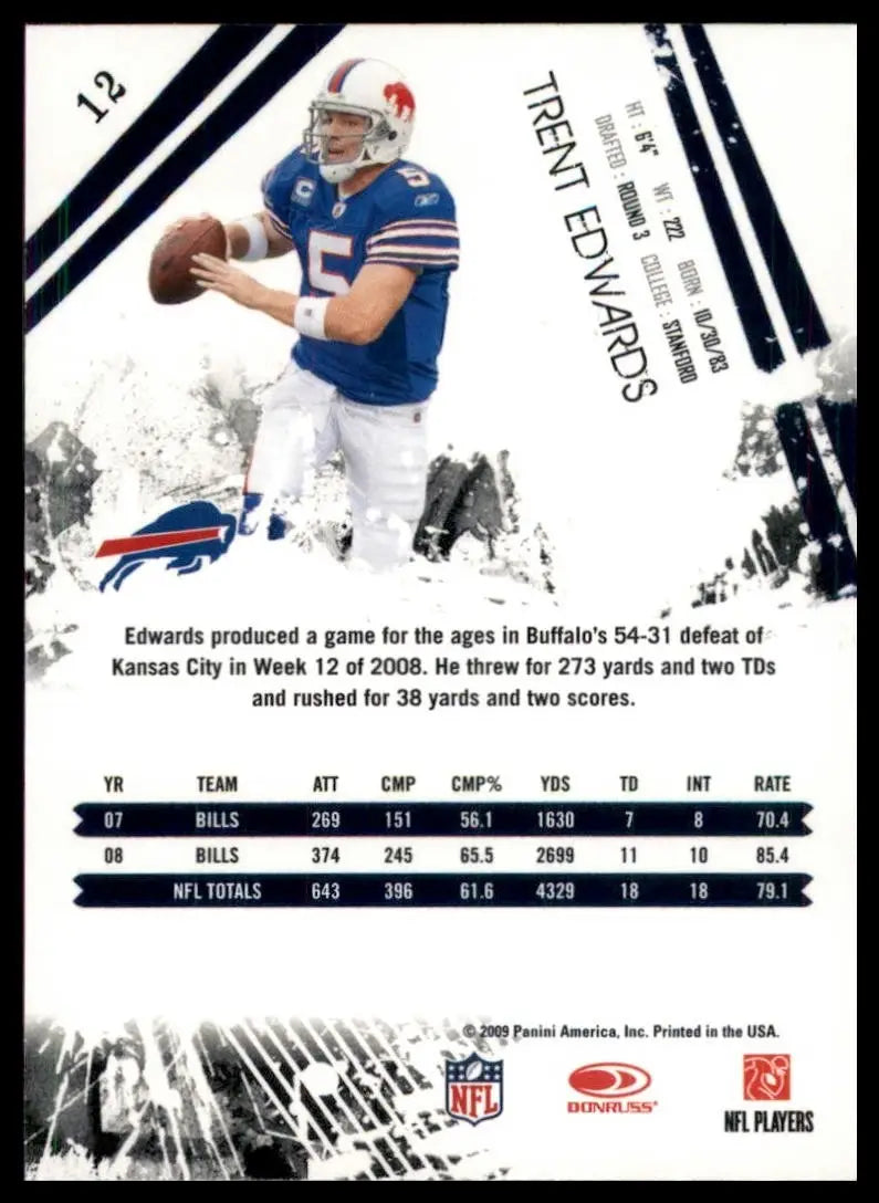 2009 Donruss Rookies & Stars Trent Edwards #12 Buffalo Bills Football Card NFL - Football Card Single