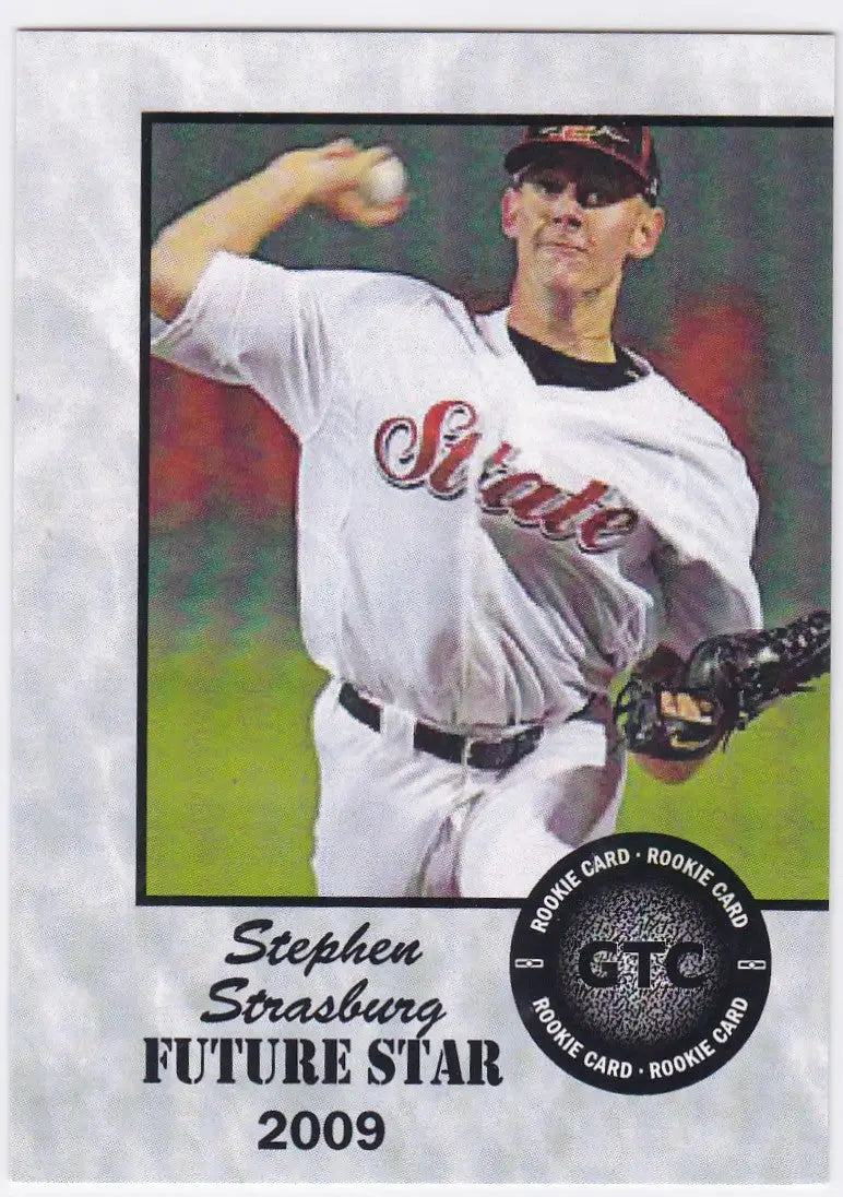 Baseball card of Stephen Strasburg mid-throw in white uniform from GTC Baseball Future Stars