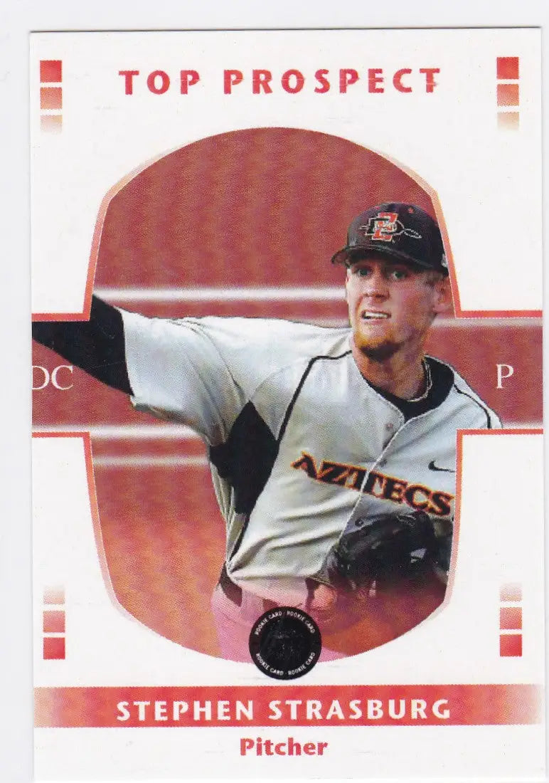 Baseball card of Prospect Stephen Strasburg in a white Aztecs uniform