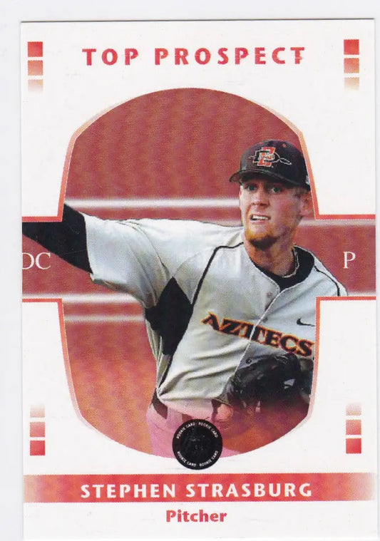 Baseball card of Prospect Stephen Strasburg in a white Aztecs uniform