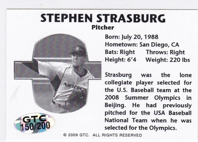 Baseball card of Prospect Stephen Strasburg with stats and bio, 2009 GTC Top Prospect