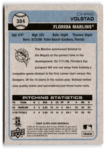 Baseball card back with original gloss of Chris Volstad NM-MT from 2009 O-Pee-Chee