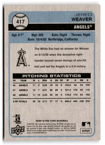 2009 O-Pee-Chee #417 Jered Weaver NM-MT Angels ID:73321 - Baseball Card Single