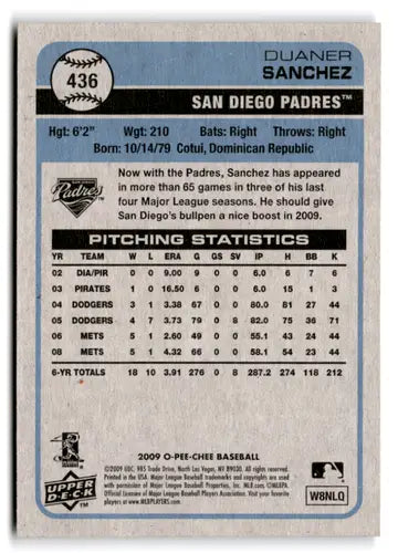Back of 2009 O-Pee-Chee Duaner Sanchez baseball card with original gloss NM-MT