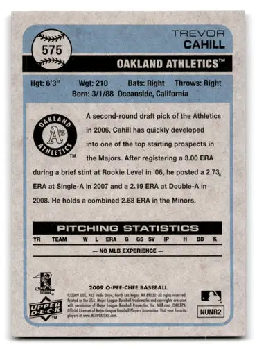 Original gloss Trevor Cahill rookie athletics baseball card from 2009 O-Pee-Chee NM-MT