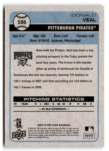 Original gloss Donald Veal rookie Pirates baseball card from 2009 O-Pee-Chee NM-MT