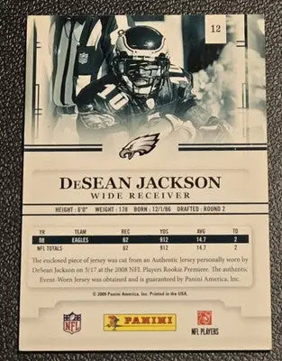 2009 Playoff Prestige #12 DeSean Jackson Rookie Review Materials - Football Card Single