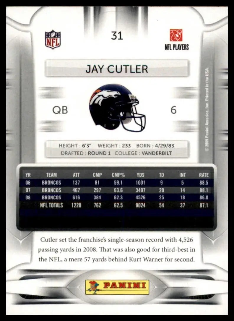 2009 Playoff Prestige Jay Cutler #31 Denver Broncos Football Card NFL Sports - Football Card Single