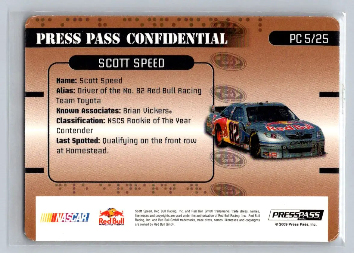 2009 Press Pass Stealth #PC 5 Scott Speed Press Pass Confidential Red Bull - Racing Card Single