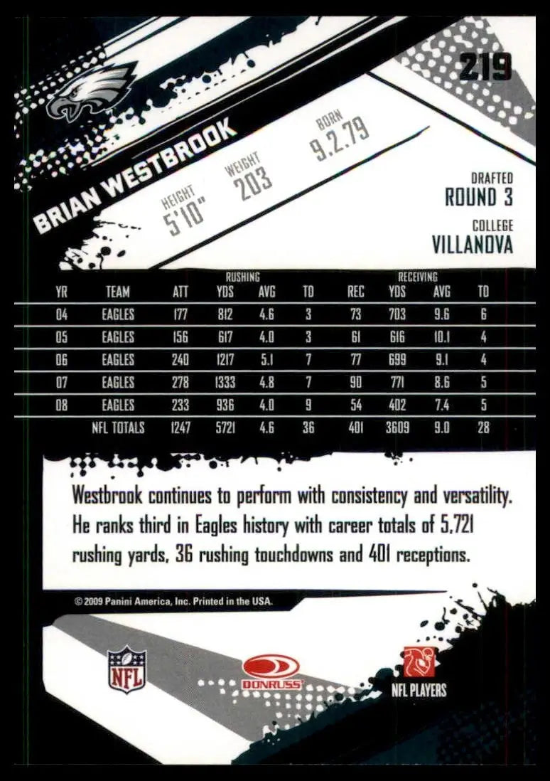 2009 Score Brian Westbrook #219 Philadelphia Eagles Football Card NFL Sports - Football Card Single