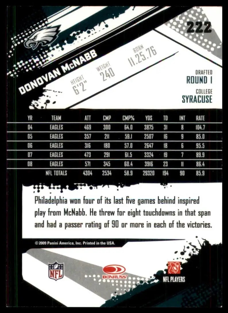 2009 Score Donovan McNabb #222 Philadlephia Eagles Football Card NFL Sports - Football Card Single