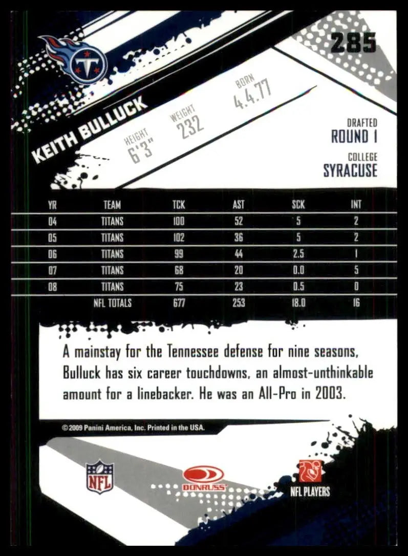 2009 Score Keith Bulluck #285 Tennessee Titans Football Card NFL Sports - Football Card Single