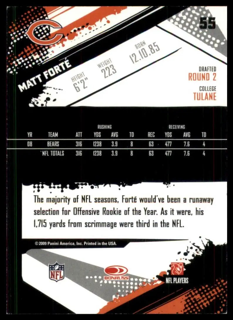 2009 Score Matt Forte #55 Chicago Bears Football Card NFL Sports - Football Card Single