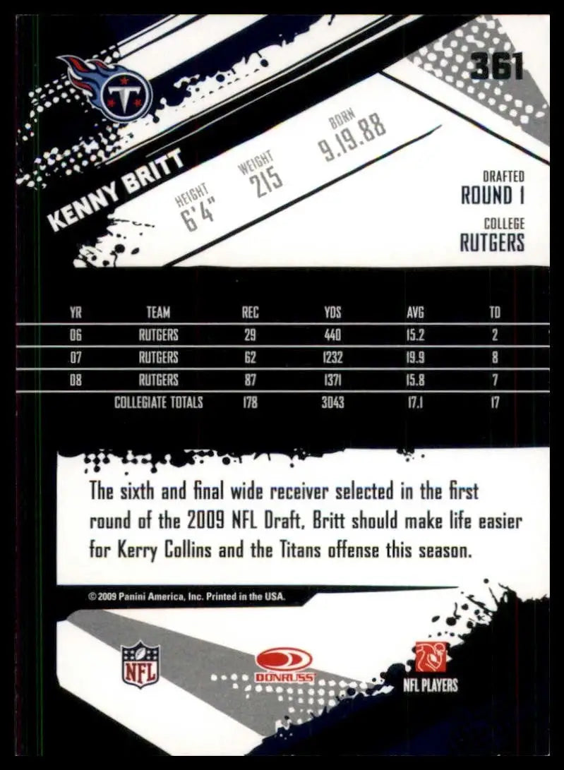 2009 Score Rookie Kenny Britt #361 Tennessee Titans Football Card NFL Sports - Football Card Single