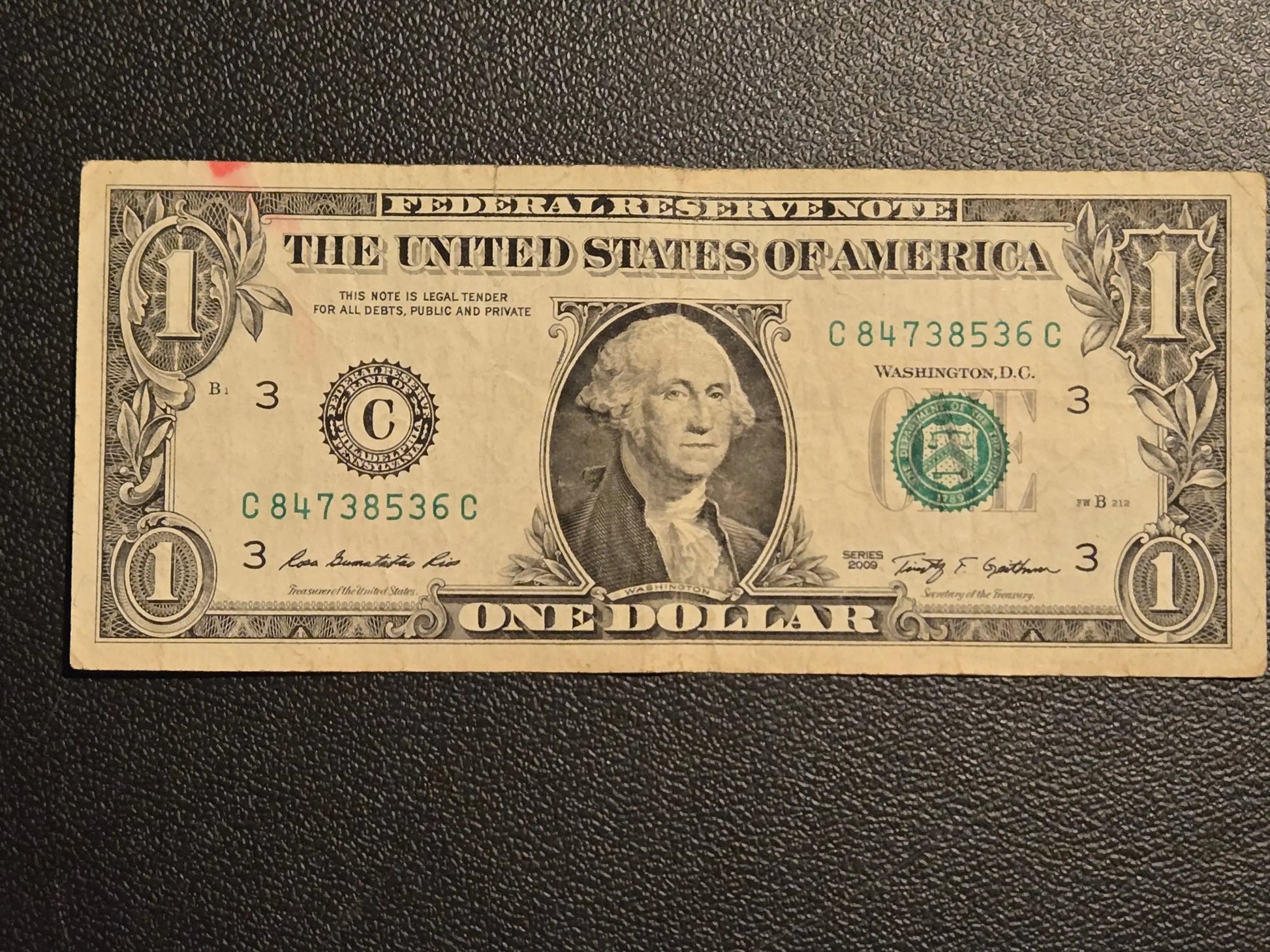 2009 Series $1 One Dollar Bill Federal Reserve Note Philadelphia C - Circulated - Coins & Currency