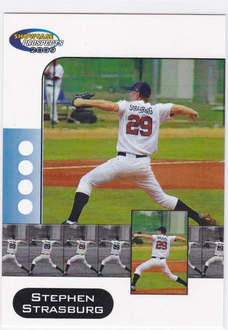 Baseball card of Showcase Prospects Stephen Strasburg pitching in white uniform number 29