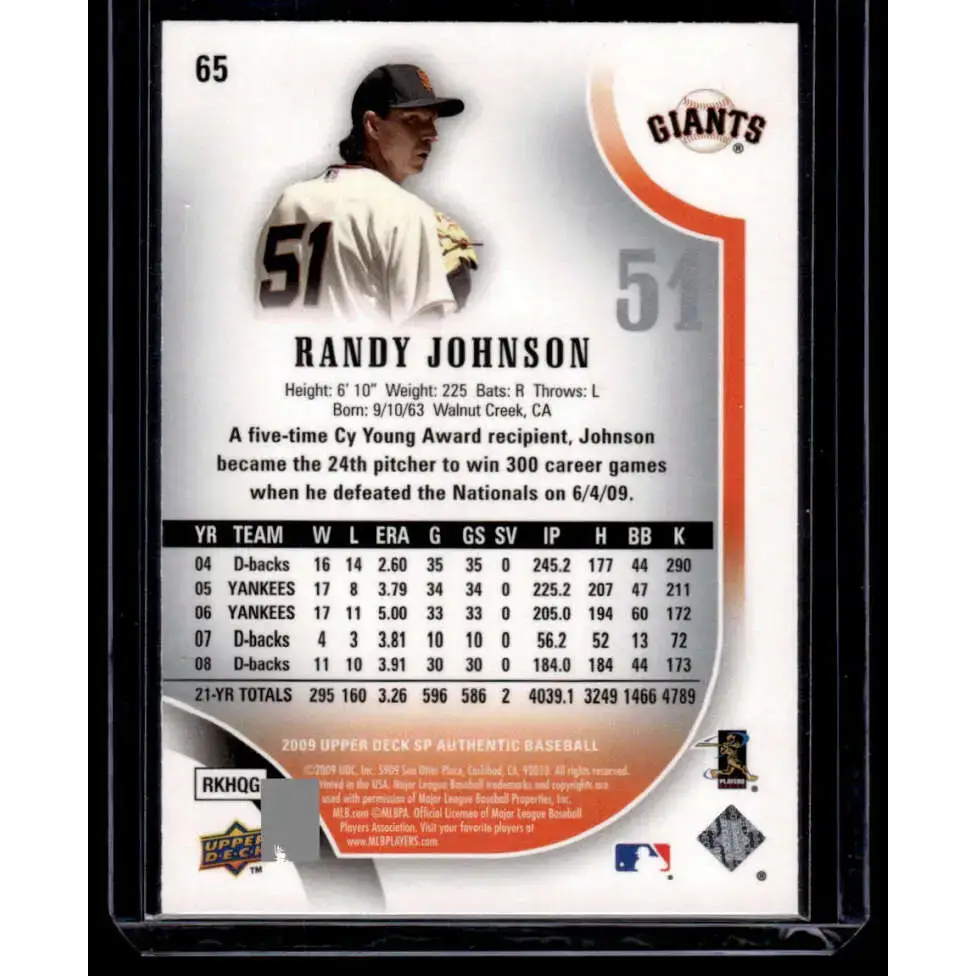 2009 SP Authentic #65 Randy Johnson EX/NM San Francisco Giants Baseball Card - Baseball Card Single