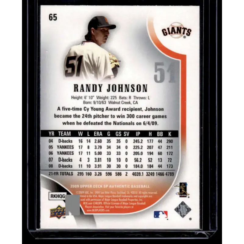 2009 SP Authentic #65 Randy Johnson EX/NM San Francisco Giants Baseball Card - Baseball Card Single