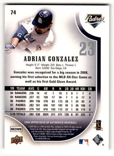 2009 SP Authentic #74 Adrian Gonzalez San Diego Padres Baseball Card ID:59485 - Baseball Card Single