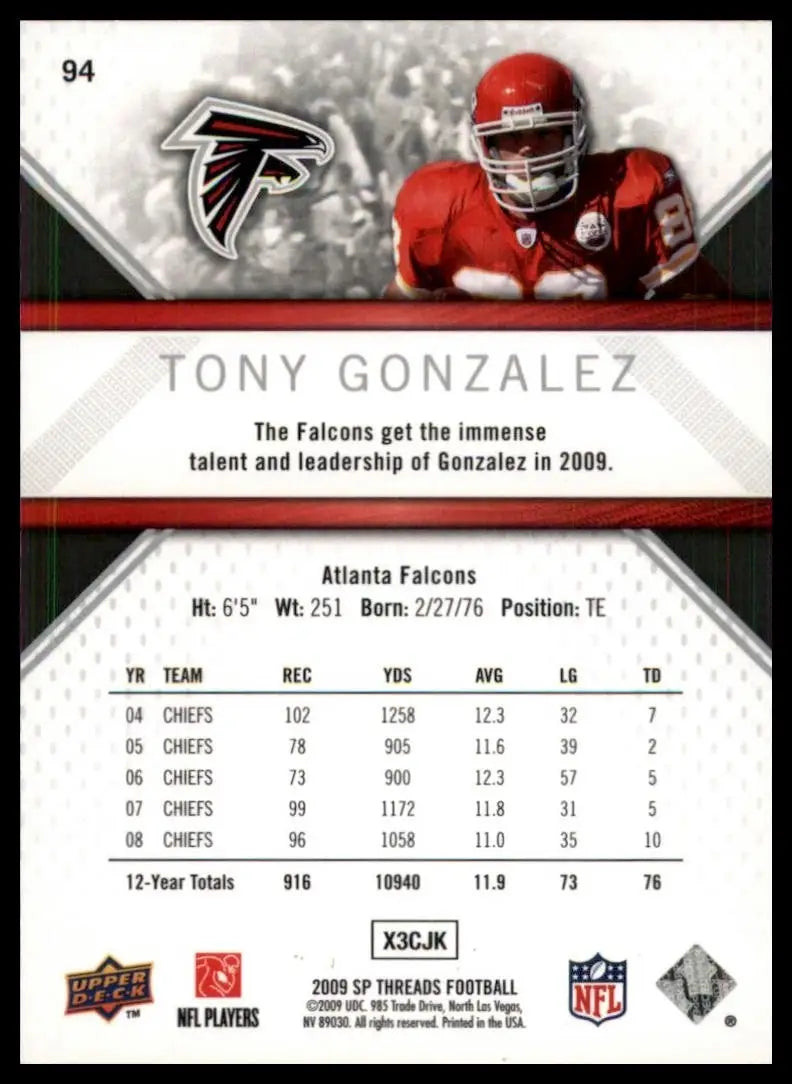 2009 SP Threads Tony Gonzalez #94 Kansas City Chiefs Football Card NFL Sports