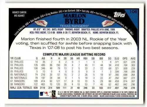 Marlon Byrd baseball card with original gloss from 2009 Topps NM-MT Rangers