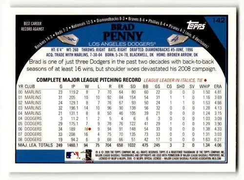 Original gloss Brad Penny Los Angeles Dodgers baseball card from 2009 Topps set