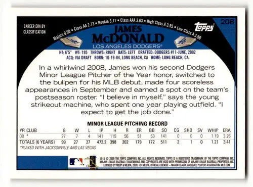 Original gloss James McDonald Los Angeles Dodgers baseball card from 2009 Topps #208