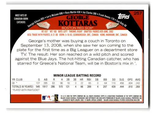 George Kottaras Red Sox baseball card with original gloss from 2009 Topps #257