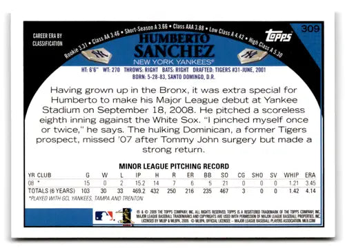 Humberto Sanchez baseball card with original gloss, 2009 Topps NM-MT Yankees