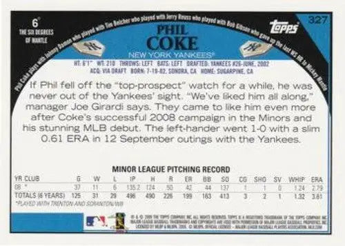 Original gloss Phil Coke rookie Yankees baseball card from 2009 Topps series