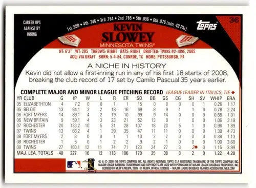 Original gloss Kevin Slowey baseball card from 2009 Topps Twins collection