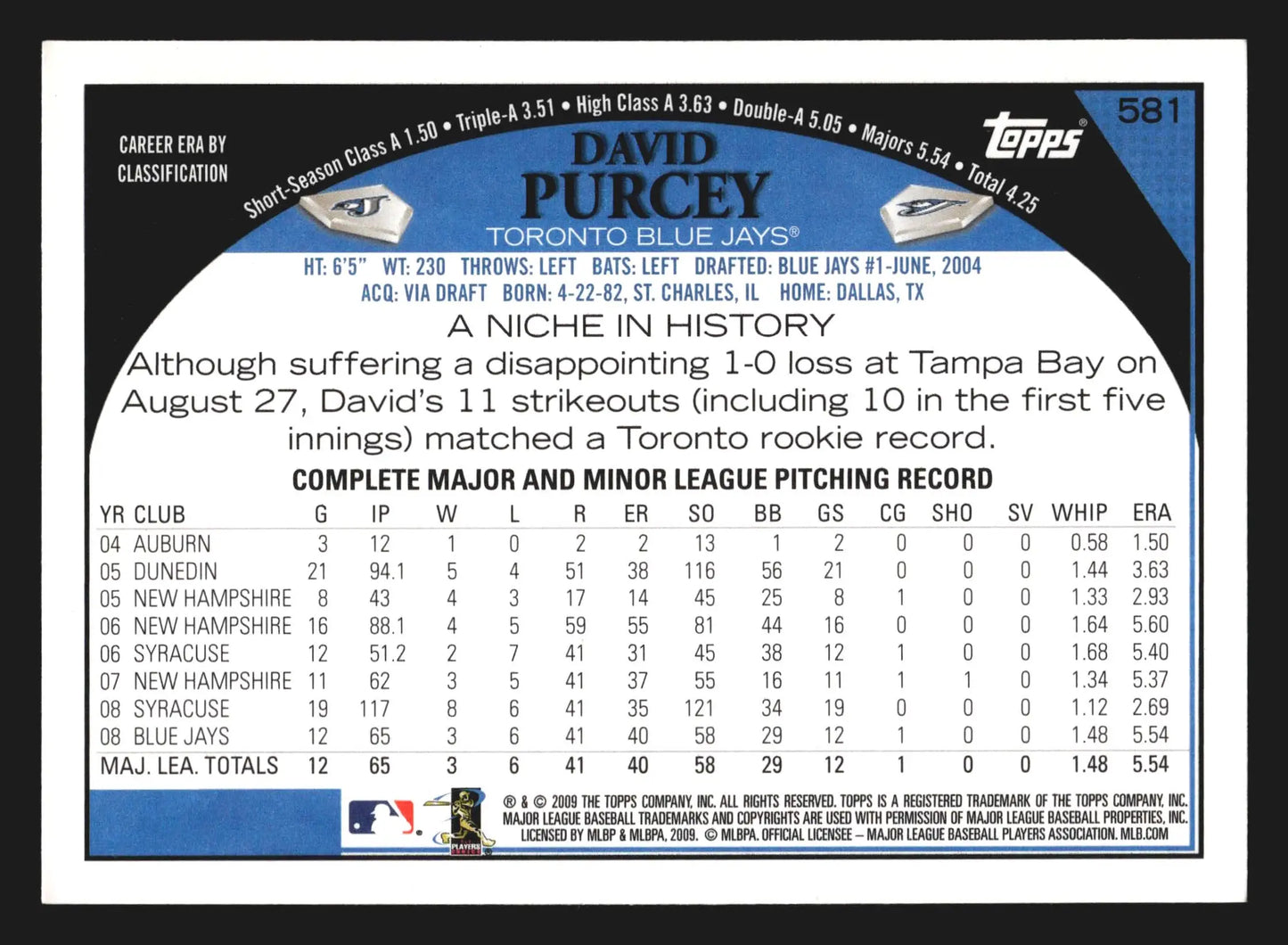 2009 Topps #581 David Purcey Toronto Blue Jays - Baseball Card Single