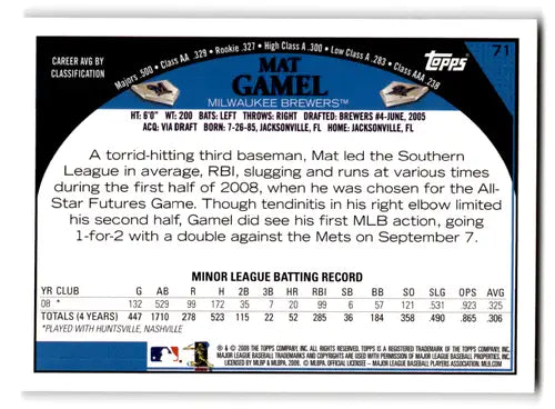 Original gloss Mat Gamel rookie Brewers baseball card from 2009 Topps #71