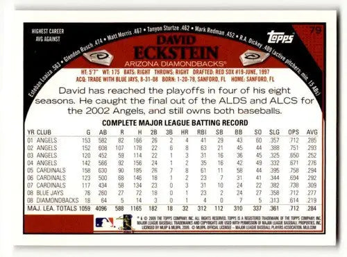 2009 Topps #79 David Eckstein Arizona Diamondbacks Baseball Cards EX ID:59707 - Baseball Card Single