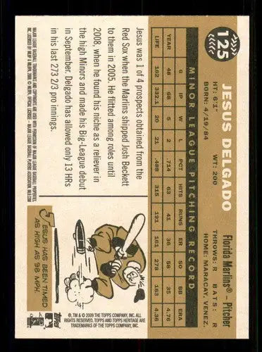 Baseball card back showing original gloss for 2009 Topps Heritage Jesus Delgado rookie