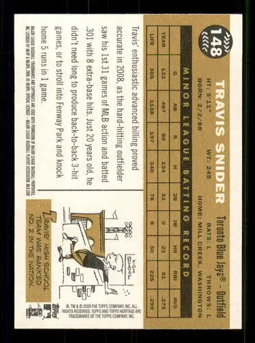 Baseball card back showing original gloss from Topps Heritage Travis Snider Rookie Card