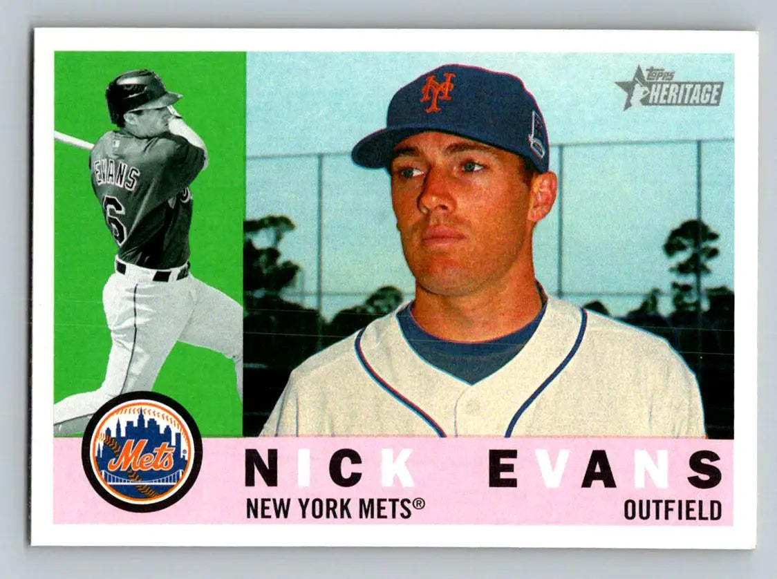 Nick Evans Topps Heritage baseball card featuring the New York Mets