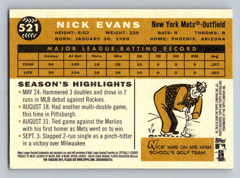 Back of 2009 Topps Heritage #521 Nick Evans baseball card for New York Mets collectors